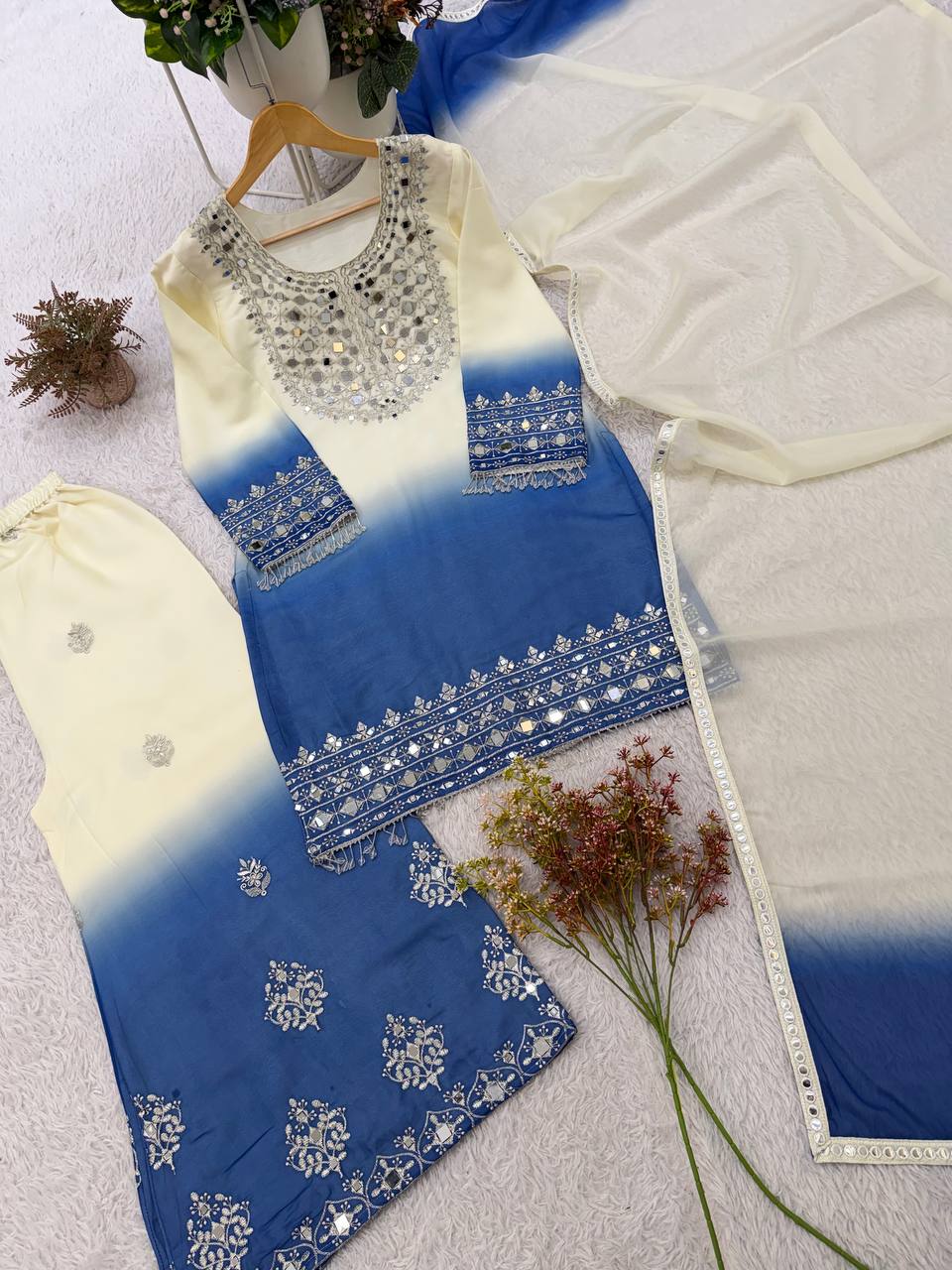 Off-White and Blue Star Georgette Mirror Work Kurta Palazzo Set, view 3