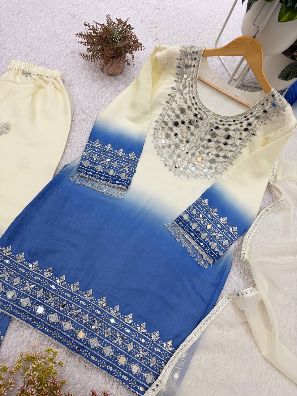 Off-White and Blue Star Georgette Mirror Work Kurta Palazzo Set, view 4
