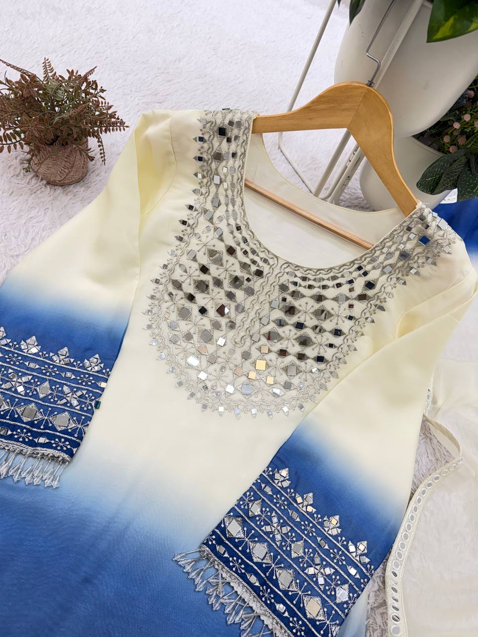Off-White and Blue Star Georgette Mirror Work Kurta Palazzo Set, view 5