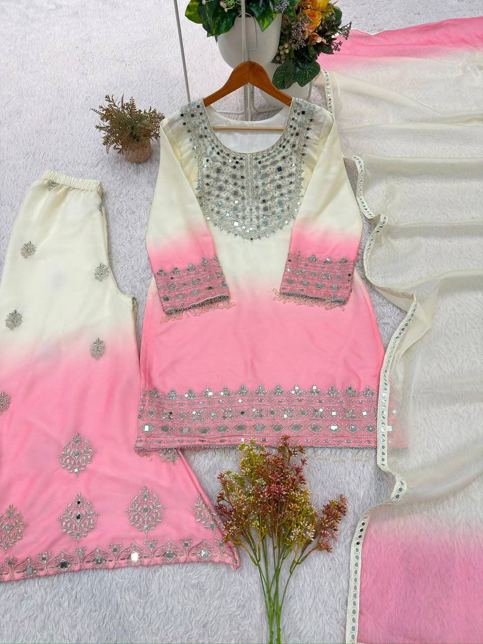 Off-White and Pink Star Georgette Mirror Work Kurta Palazzo Set, view 4