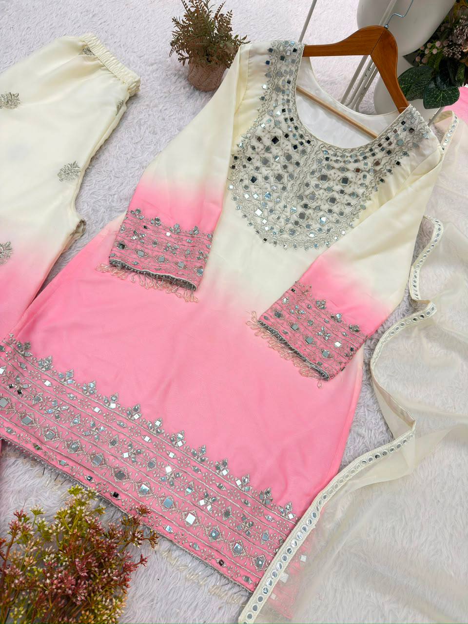 Off-White and Pink Star Georgette Mirror Work Kurta Palazzo Set, view 5