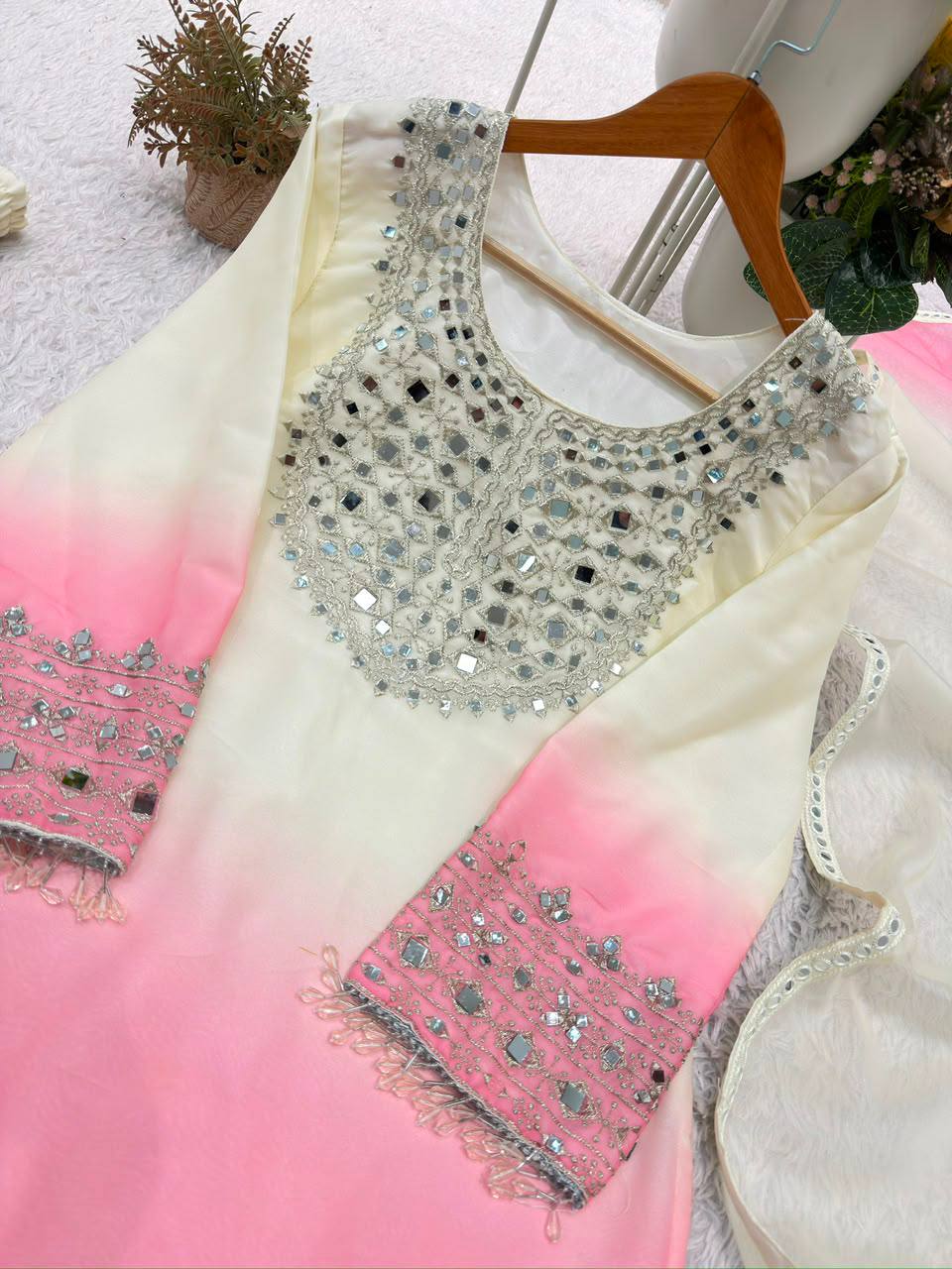 Off-White and Pink Star Georgette Mirror Work Kurta Palazzo Set, view 6