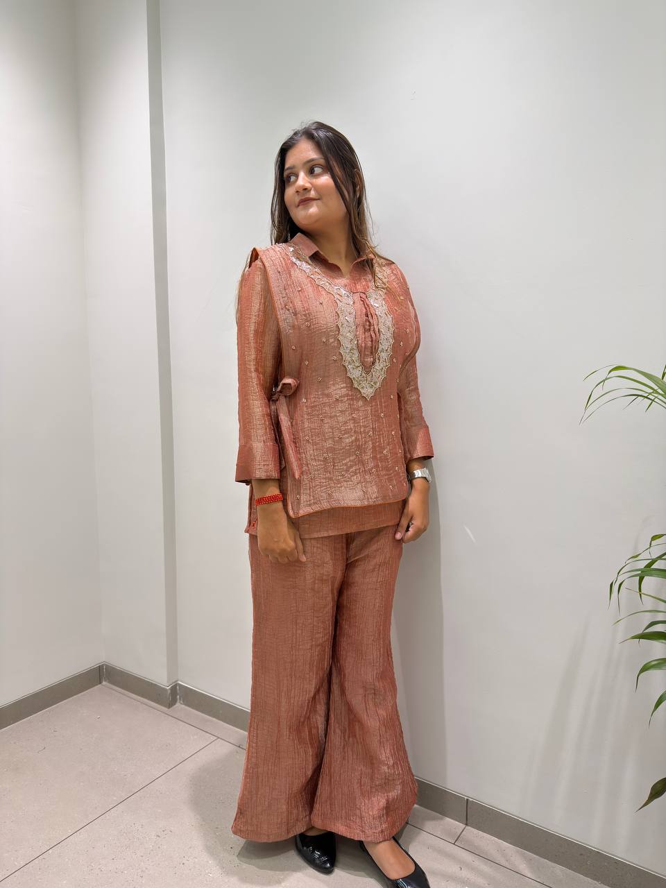 Copper Brown Salsa Silk Beaded Co-ord Set