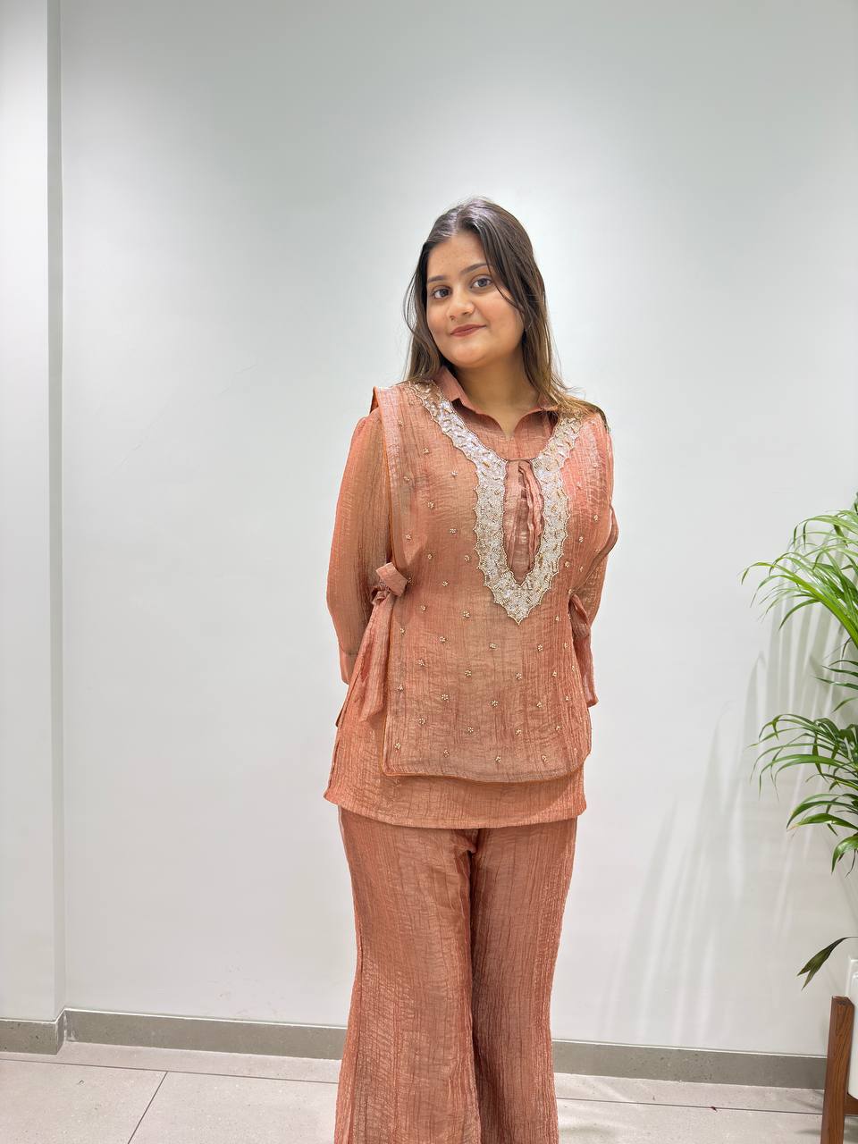 Copper Brown Salsa Silk Beaded Co-ord Set, view 2