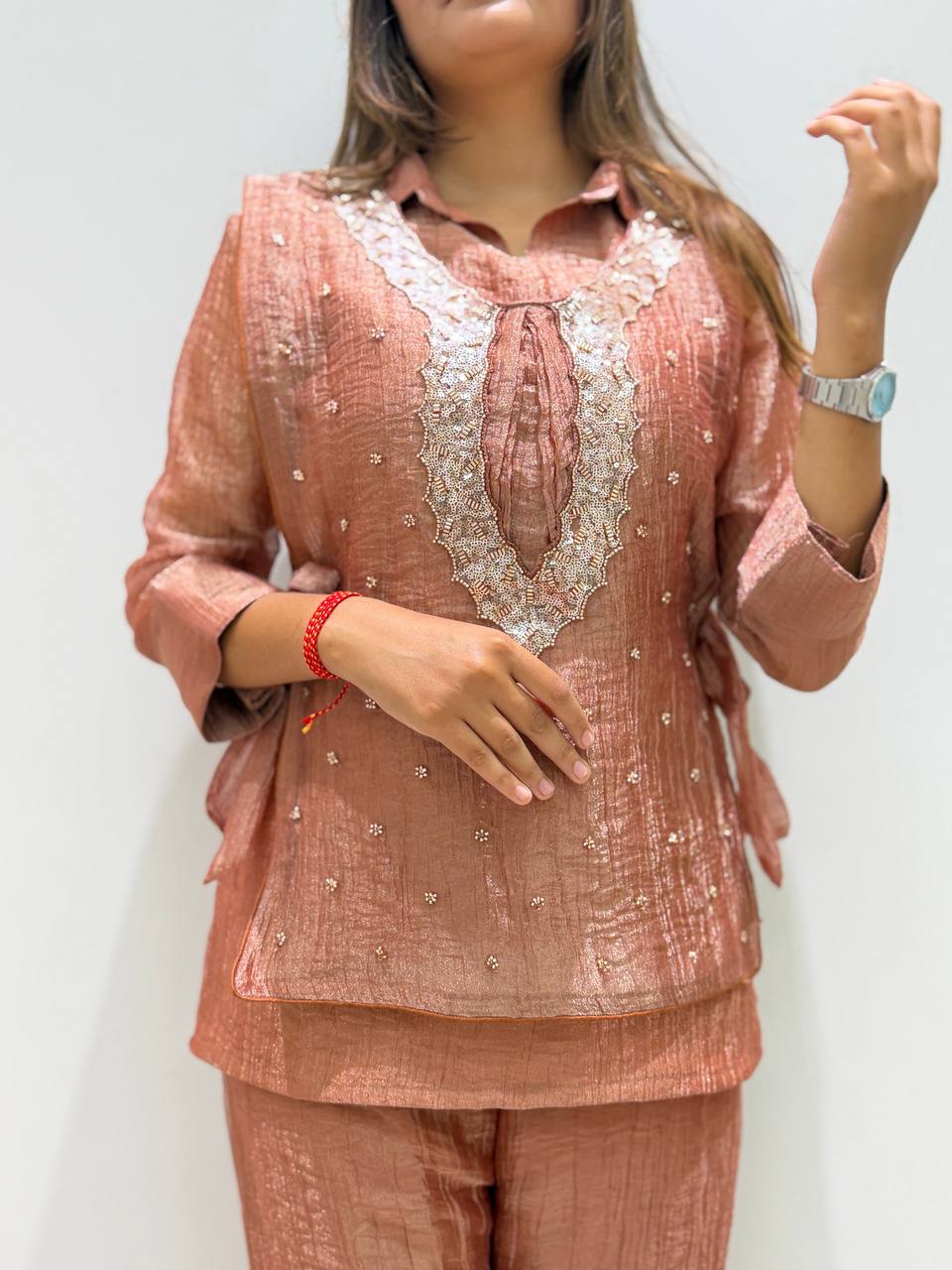 Copper Brown Salsa Silk Beaded Co-ord Set, view 3
