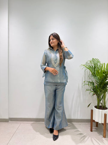 Steel Blue Salsa Silk Beaded Co-ord Set