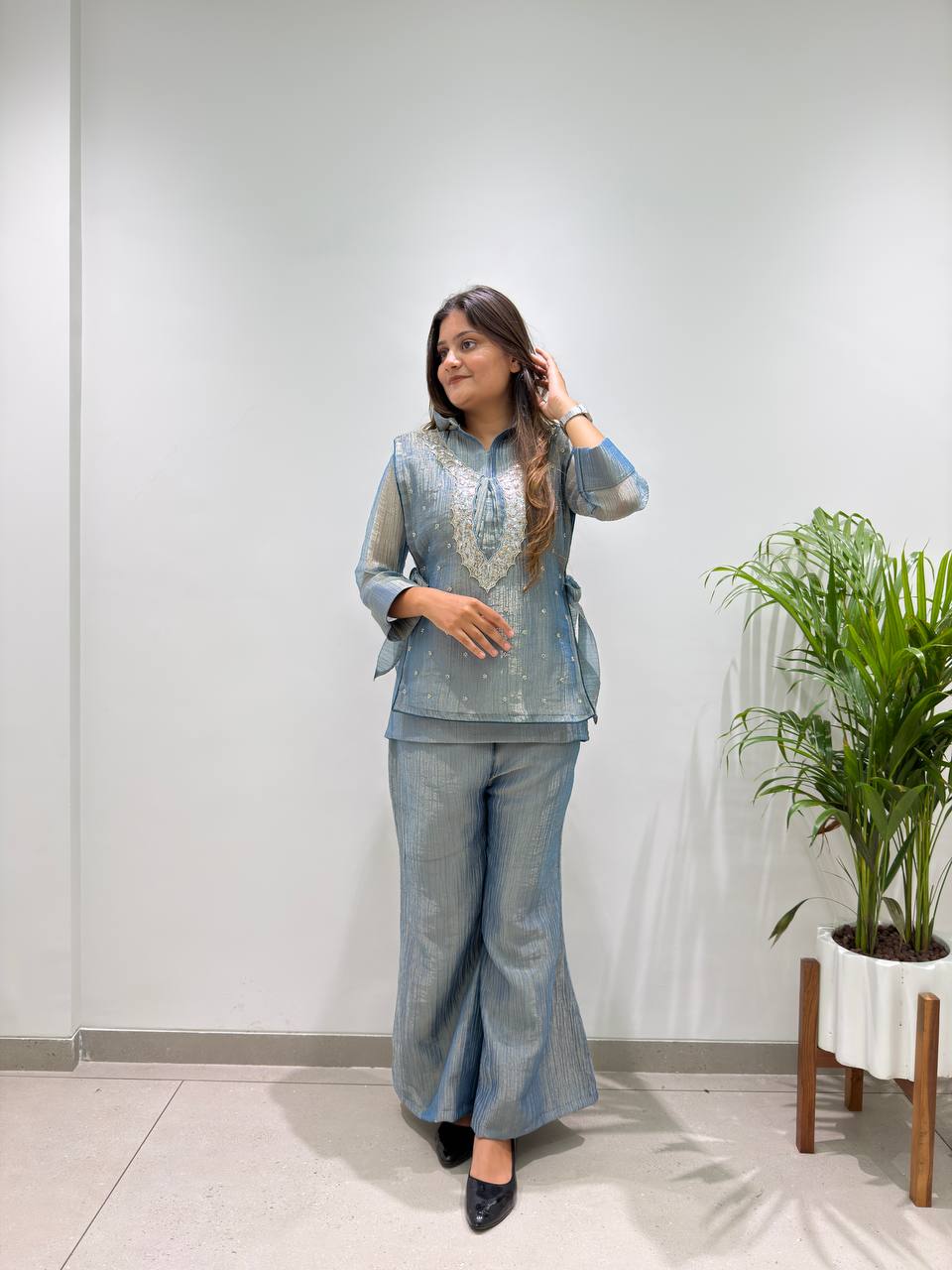 Steel Blue Salsa Silk Beaded Co-ord Set