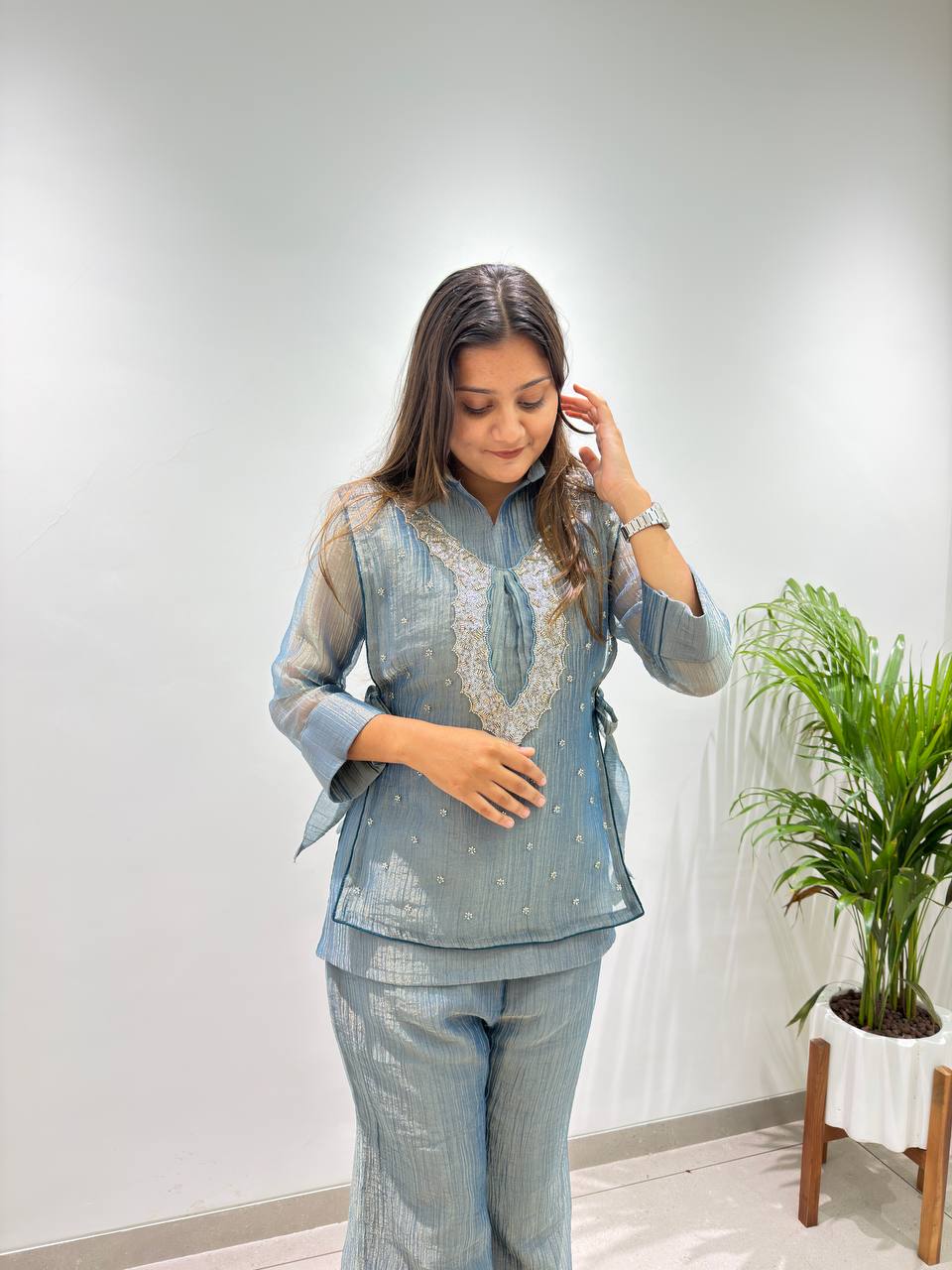 Steel Blue Salsa Silk Beaded Co-ord Set, view 2