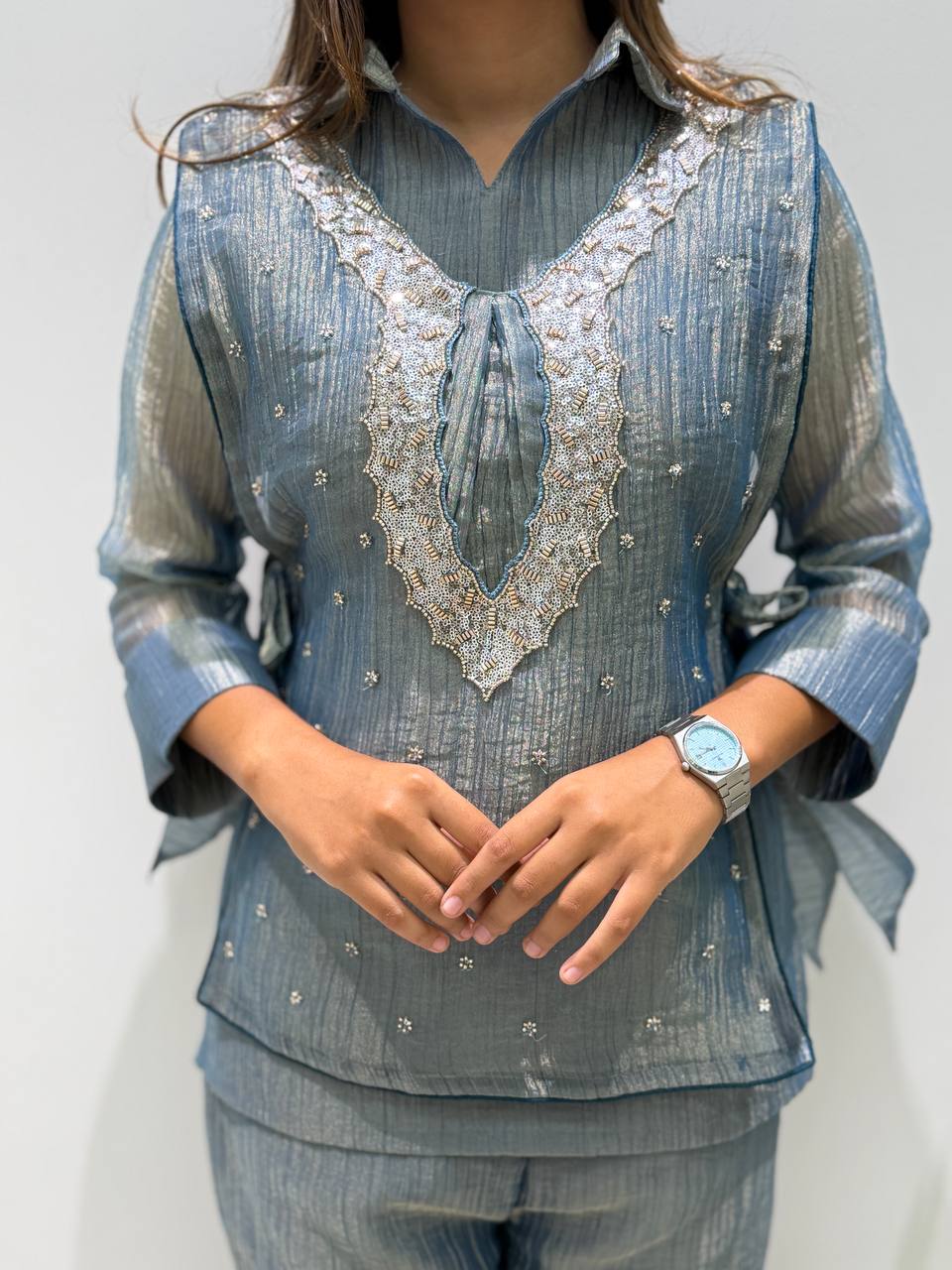 Steel Blue Salsa Silk Beaded Co-ord Set, view 3