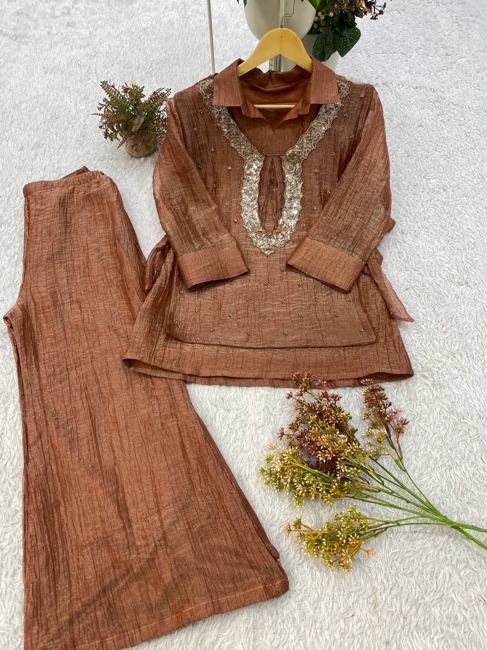 Copper Brown Salsa Silk Beaded Co-ord Set, view 4