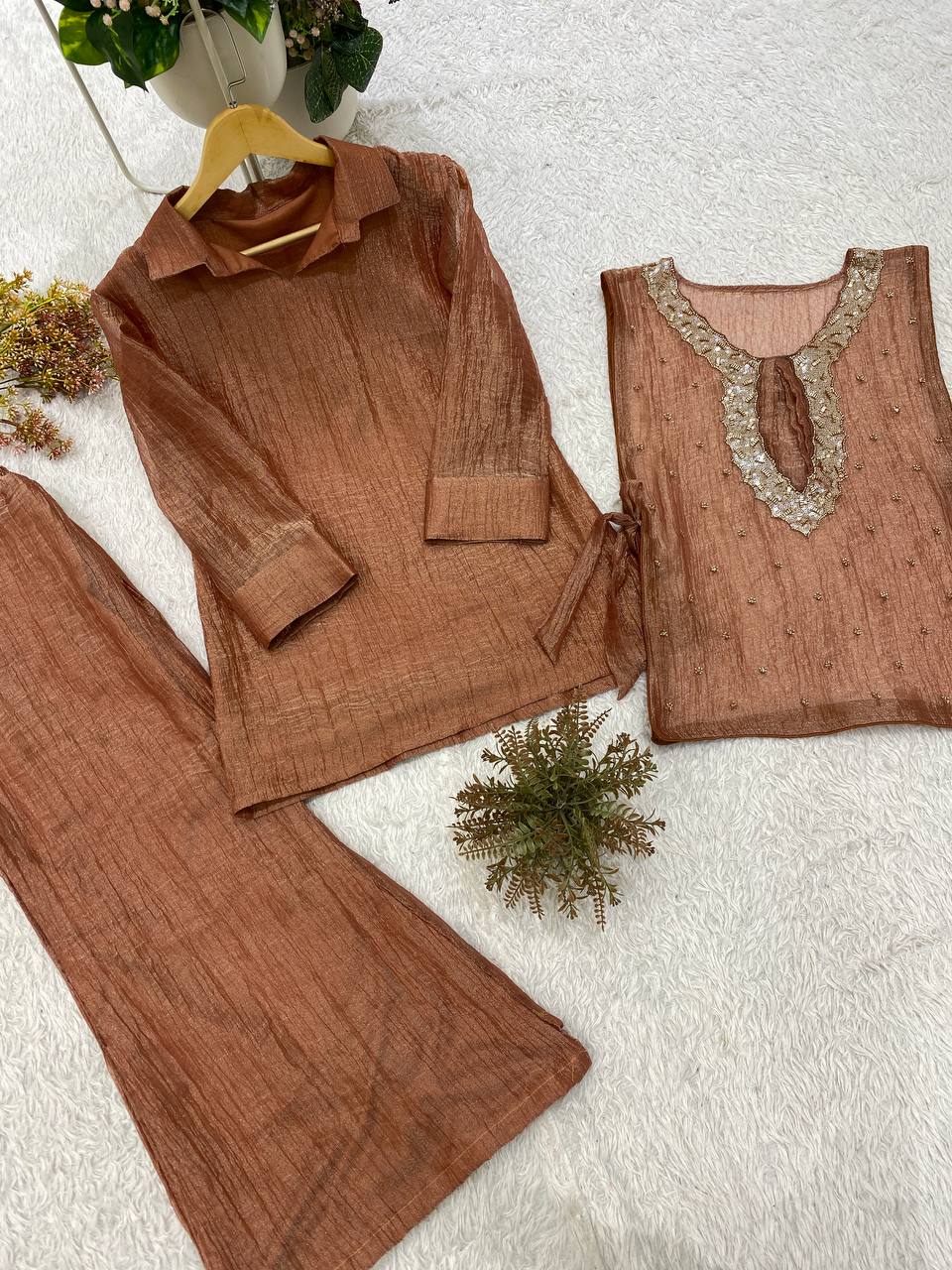 Copper Brown Salsa Silk Beaded Co-ord Set, view 5