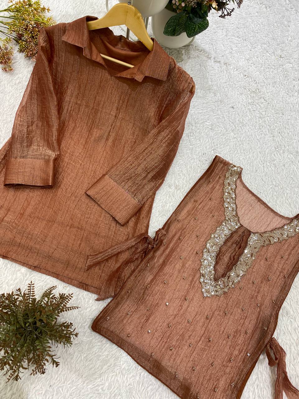 Copper Brown Salsa Silk Beaded Co-ord Set, view 6
