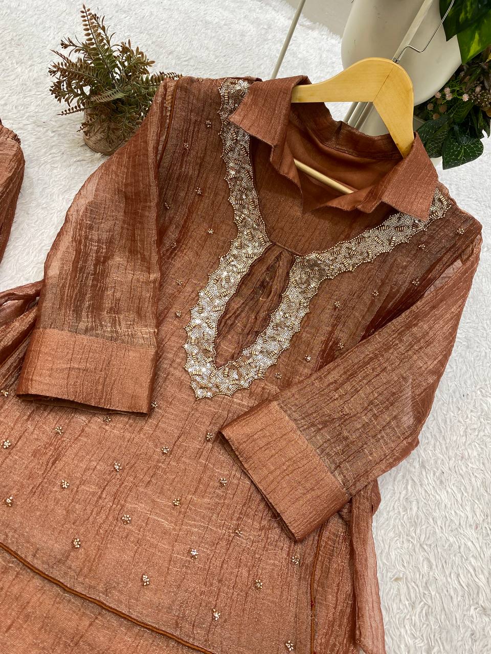 Copper Brown Salsa Silk Beaded Co-ord Set, view 7