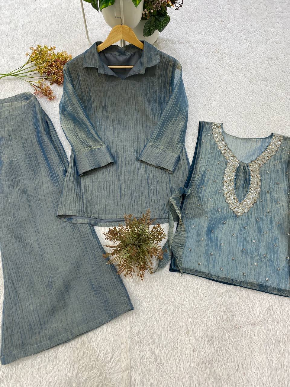 Steel Blue Salsa Silk Beaded Co-ord Set, view 4