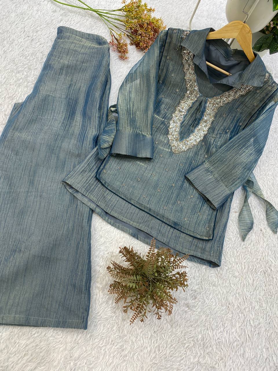 Steel Blue Salsa Silk Beaded Co-ord Set, view 5