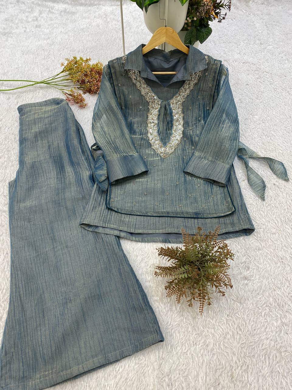 Steel Blue Salsa Silk Beaded Co-ord Set, view 6