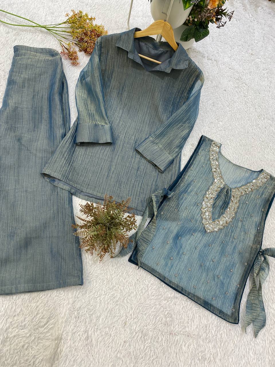 Steel Blue Salsa Silk Beaded Co-ord Set, view 7