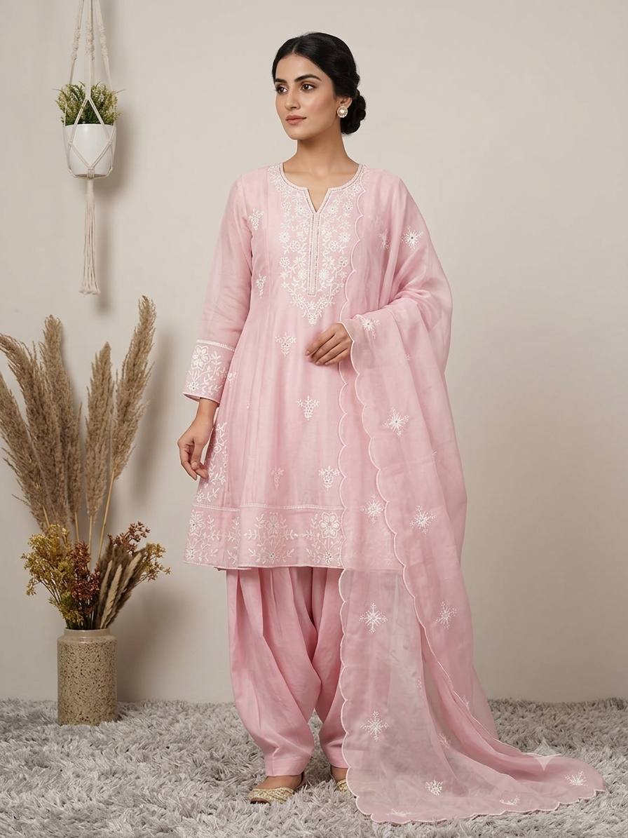 Baby Pink Silk Sequin Kurta Salwar Set, view 2