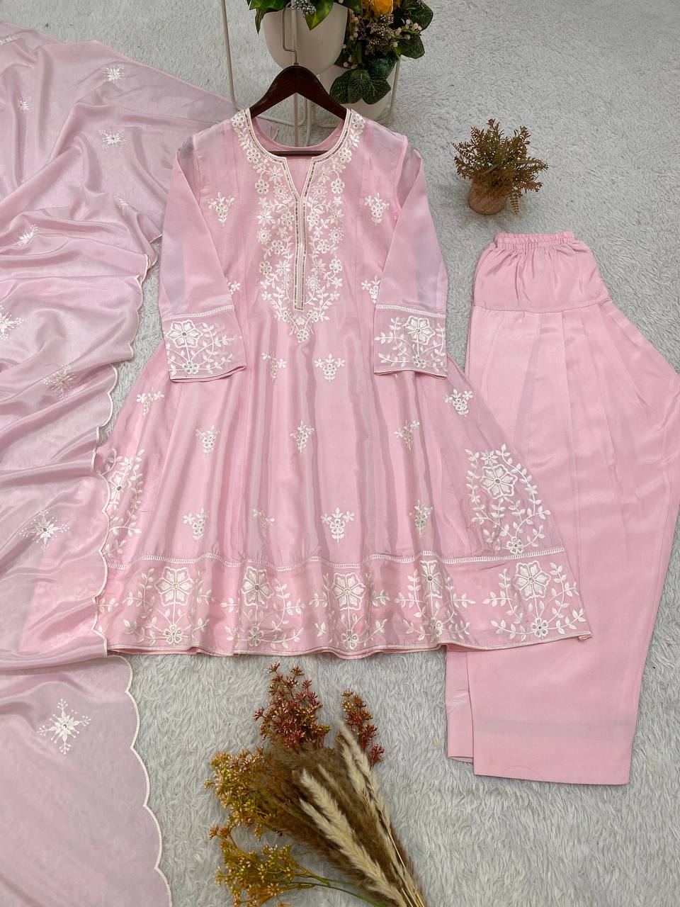 Baby Pink Silk Sequin Kurta Salwar Set, view 3