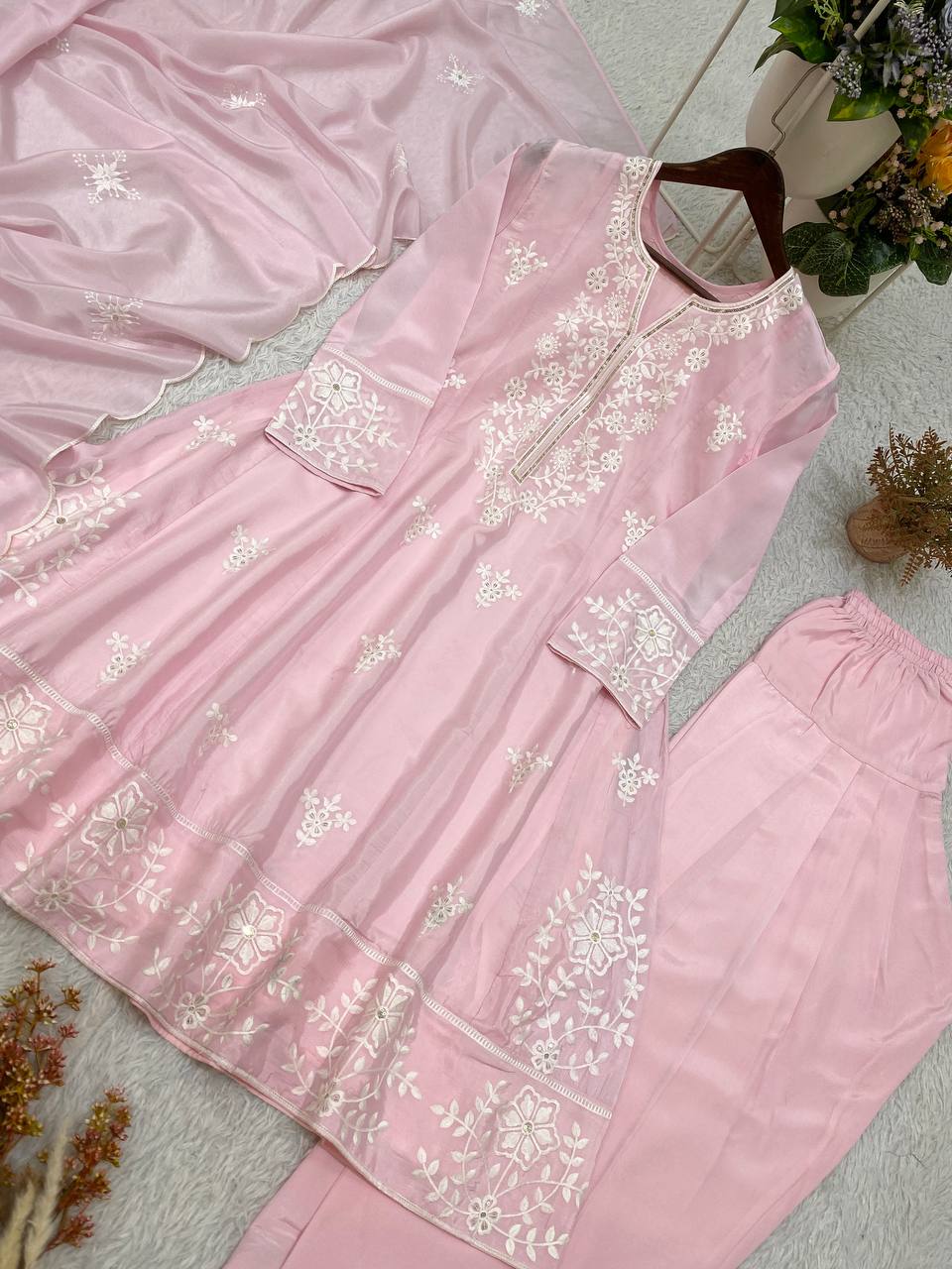 Baby Pink Silk Sequin Kurta Salwar Set, view 4