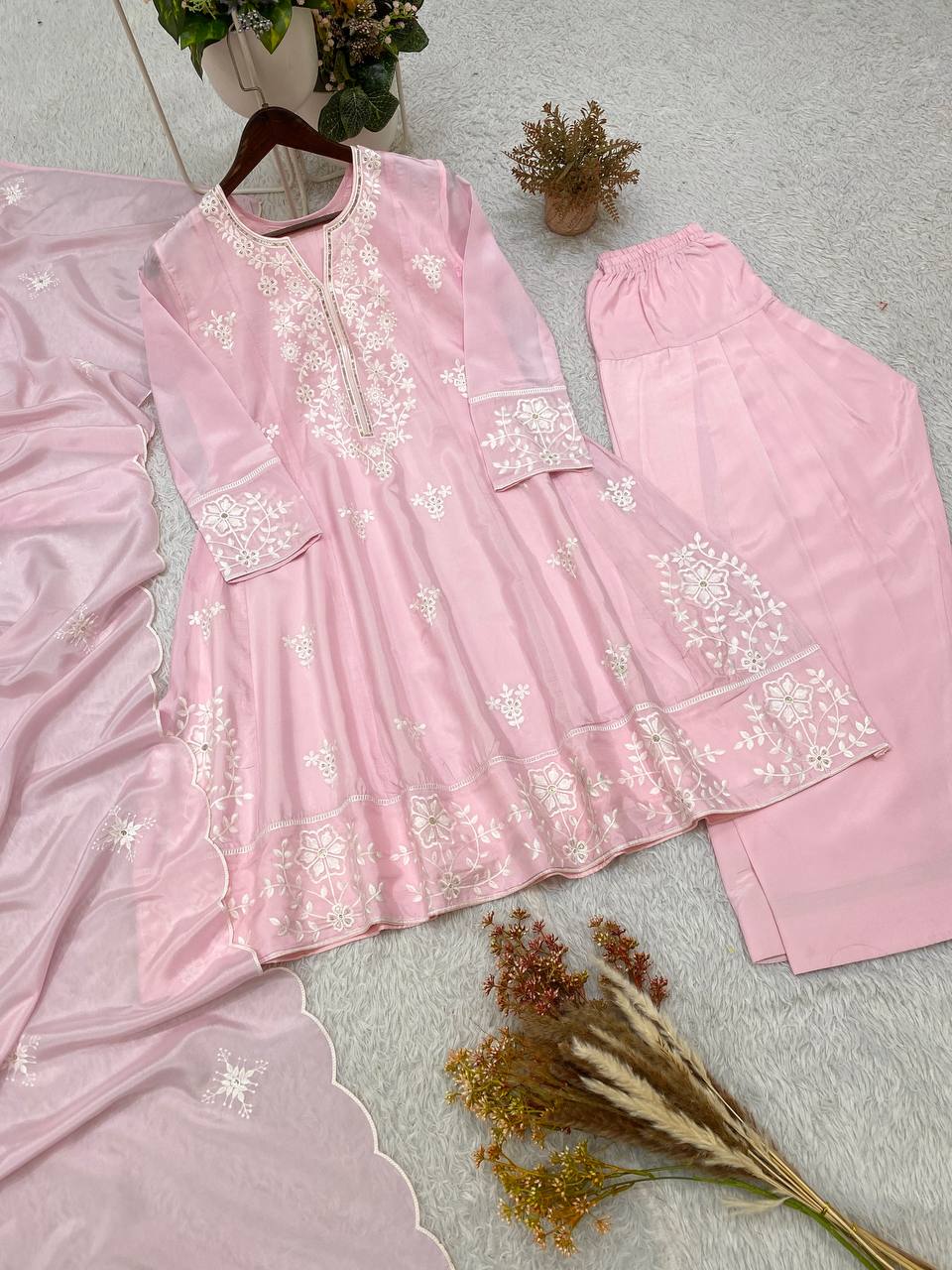 Baby Pink Silk Sequin Kurta Salwar Set, view 5