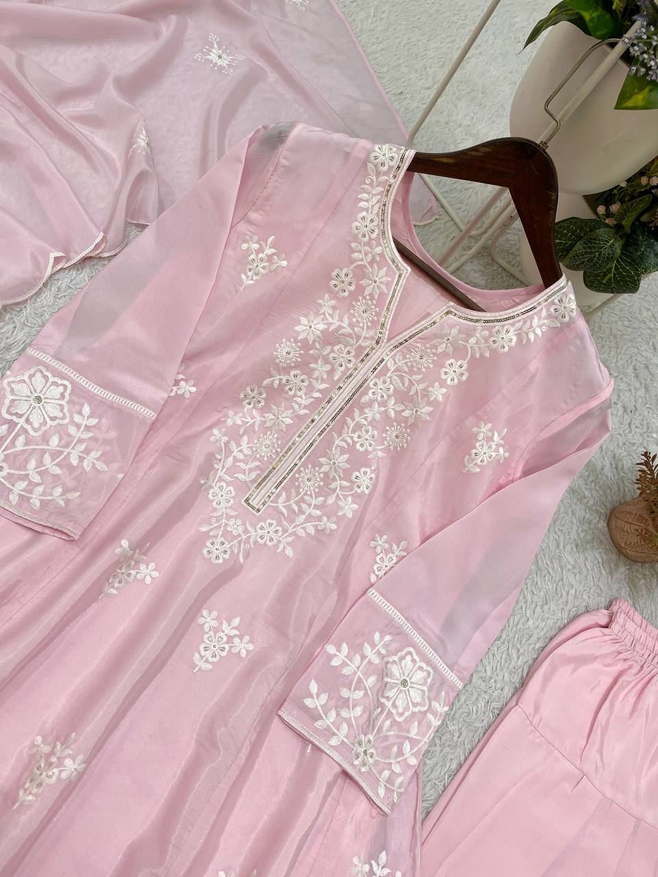 Baby Pink Silk Sequin Kurta Salwar Set, view 6