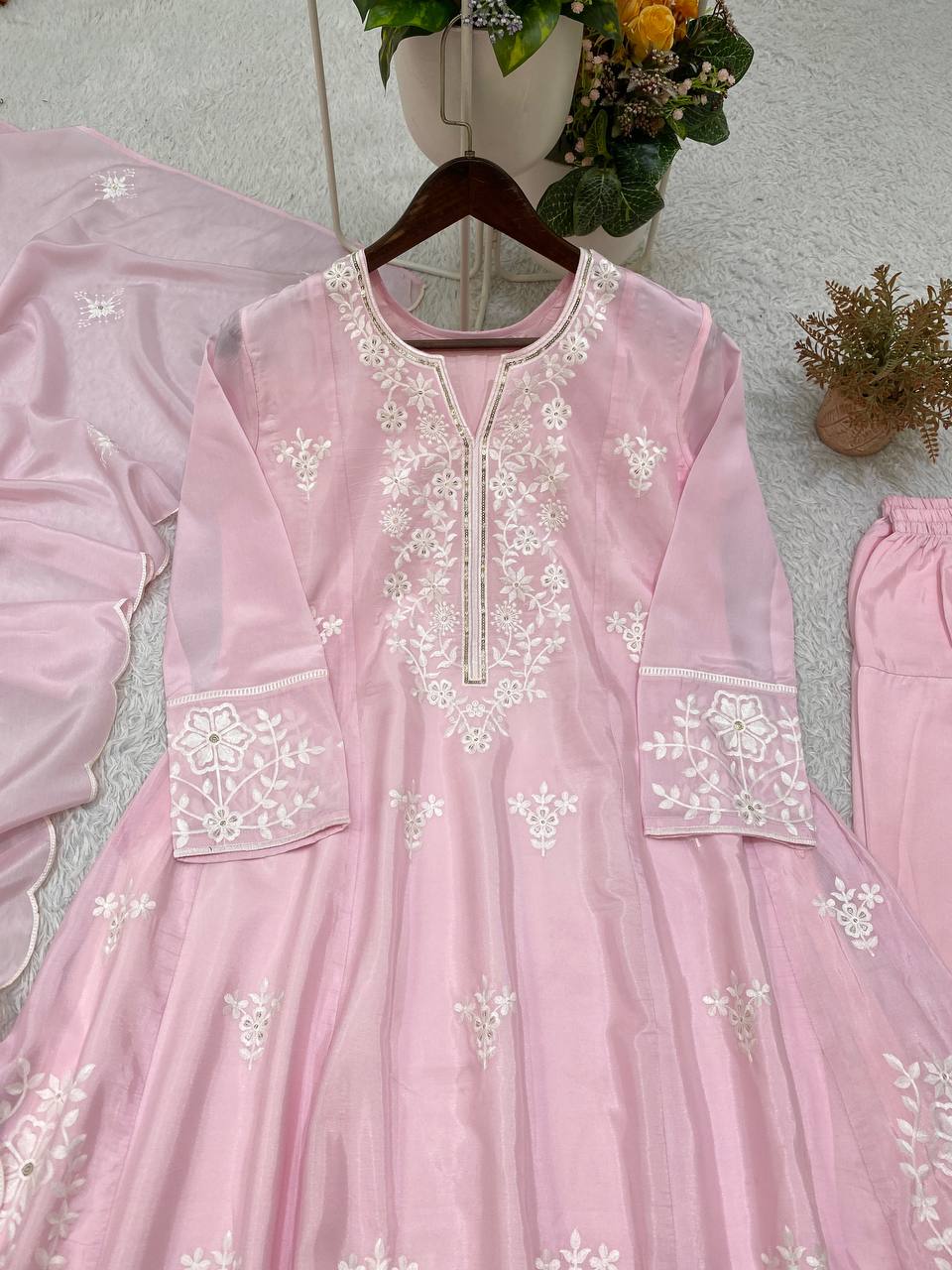 Baby Pink Silk Sequin Kurta Salwar Set, view 7