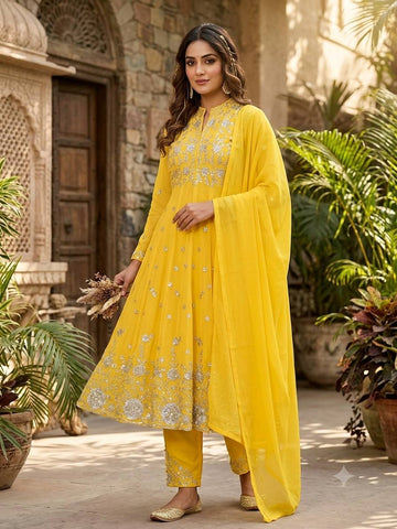 Yellow Georgette Sequin Kurta Pant Set