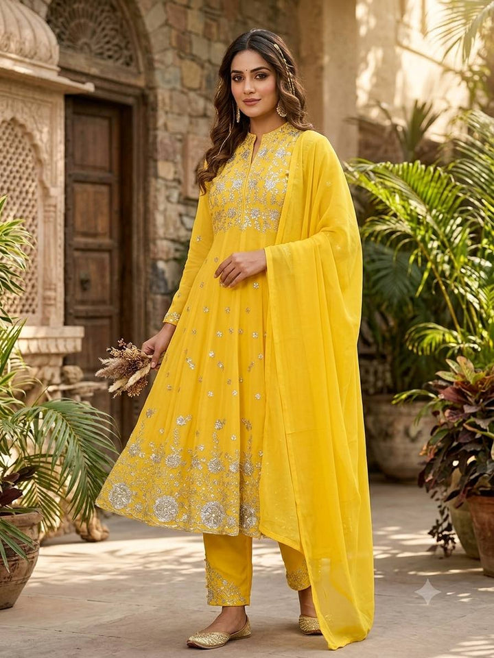 Yellow Georgette Sequin Kurta Pant Set