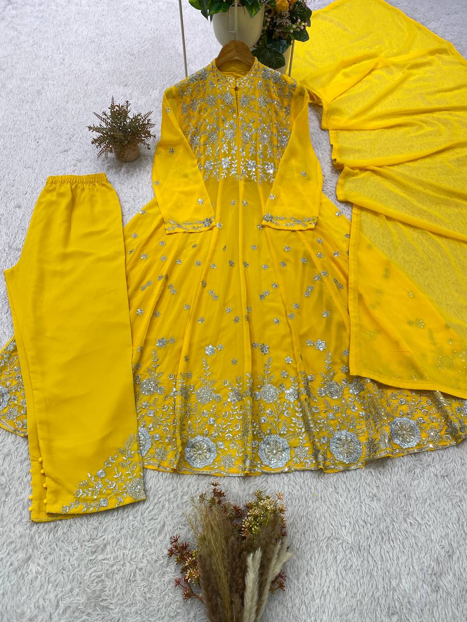 Yellow Georgette Sequin Kurta Pant Set, view 2