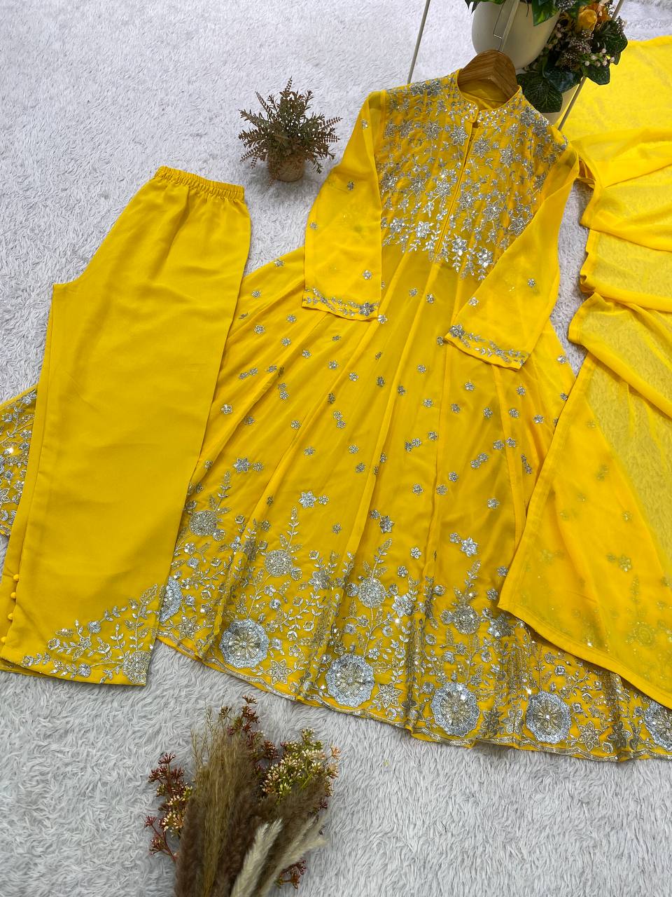 Yellow Georgette Sequin Kurta Pant Set, view 5