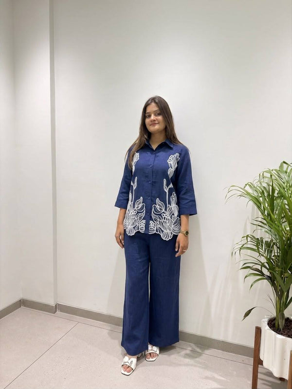 Royal Blue Cotton Denim Embroidered Co-ord Set