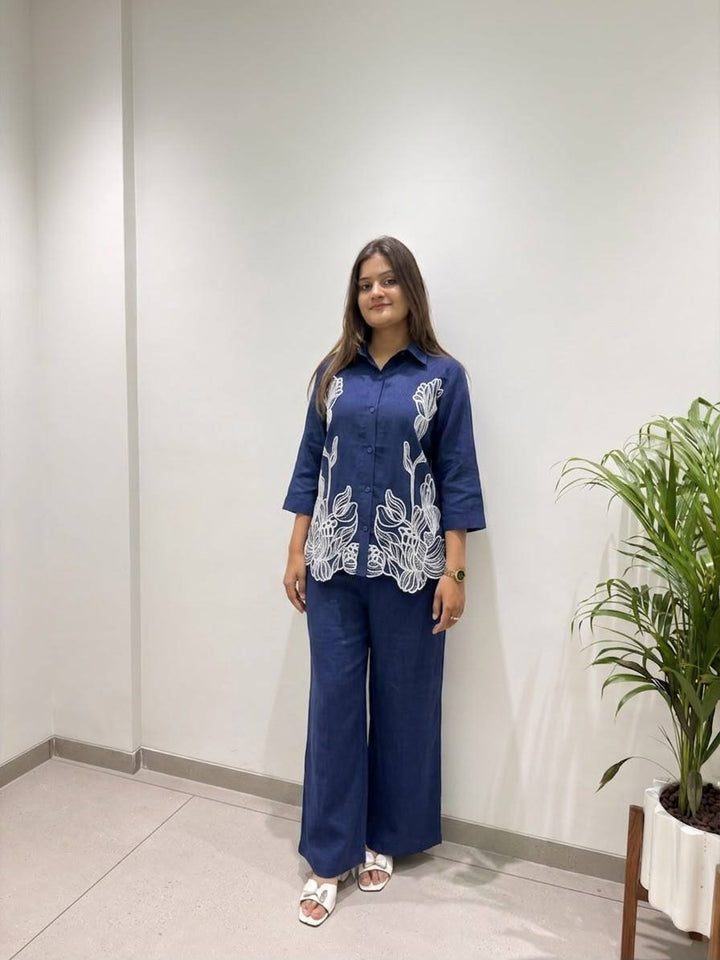 Royal Blue Cotton Denim Embroidered Co-ord Set
