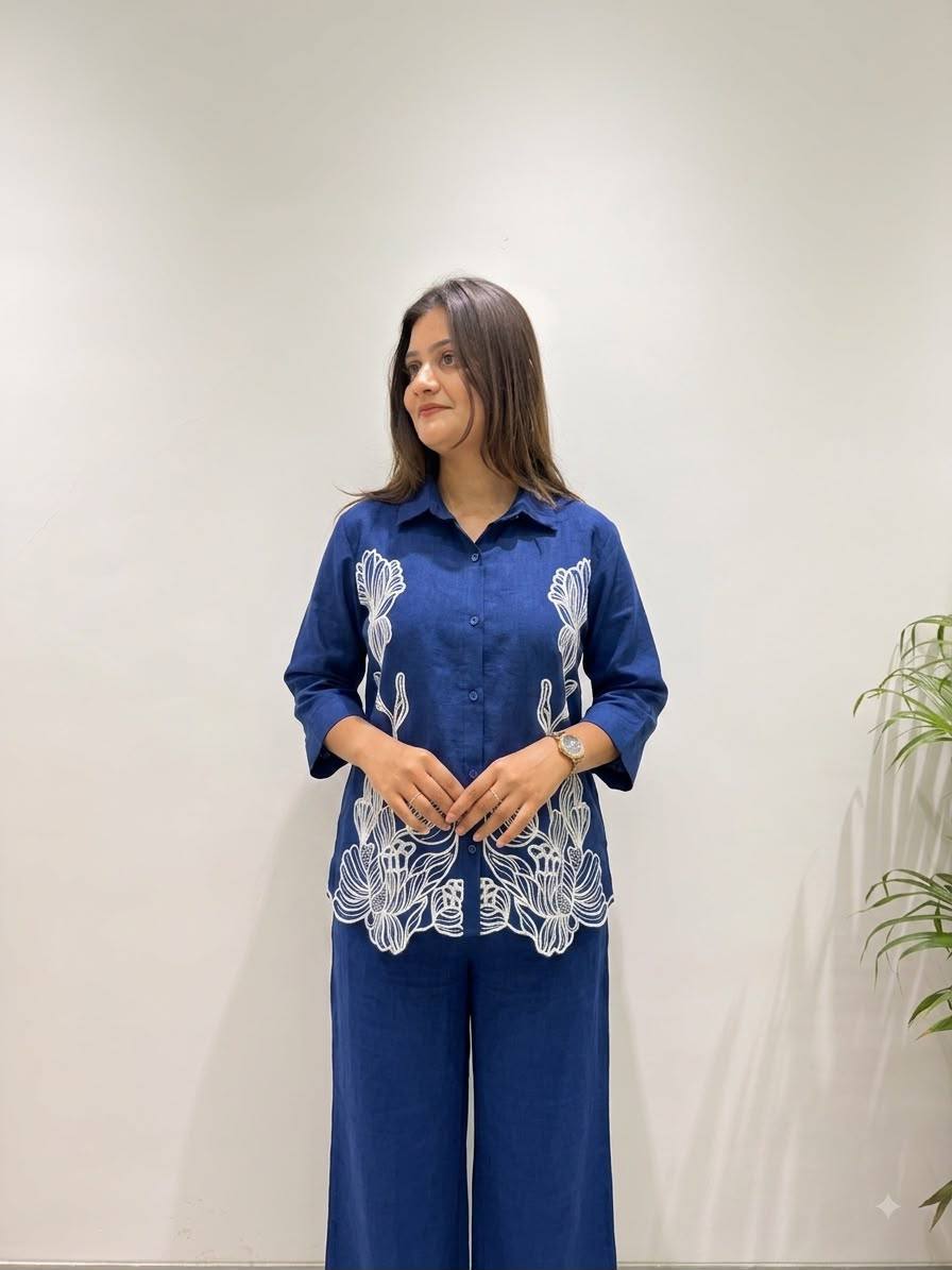 Royal Blue Cotton Denim Embroidered Co-ord Set, view 2