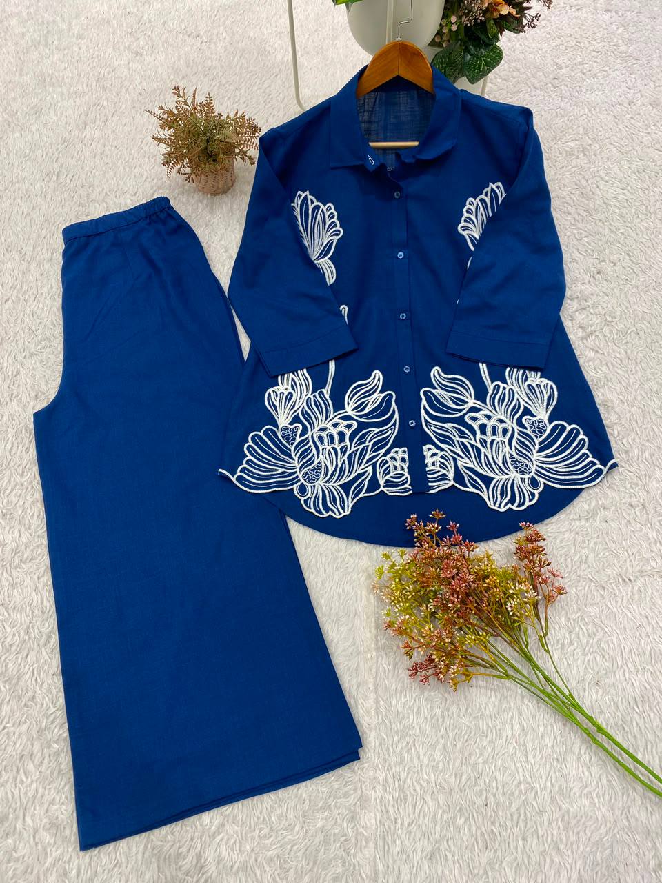 Royal Blue Cotton Denim Embroidered Co-ord Set, view 3