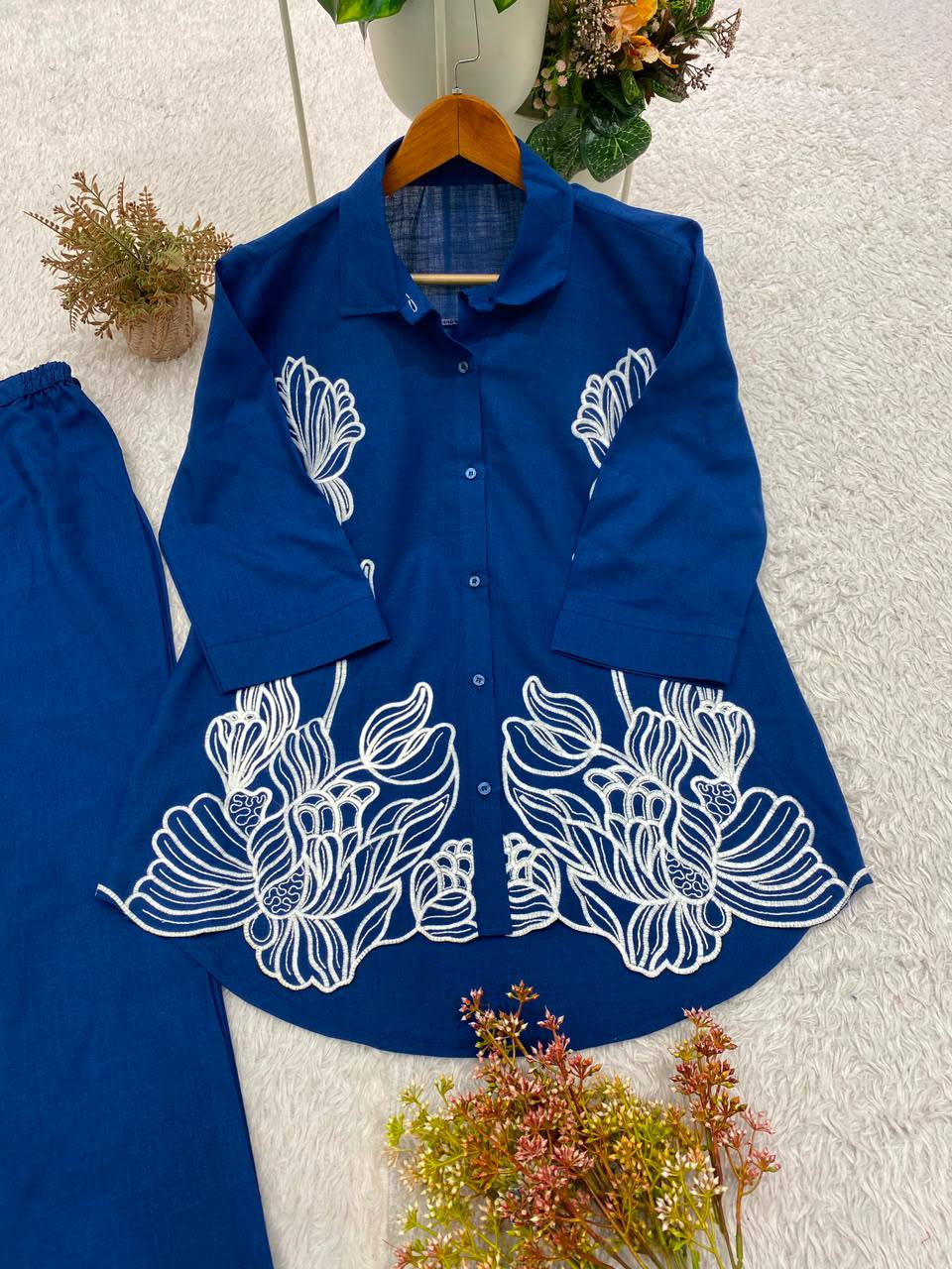 Royal Blue Cotton Denim Embroidered Co-ord Set, view 4