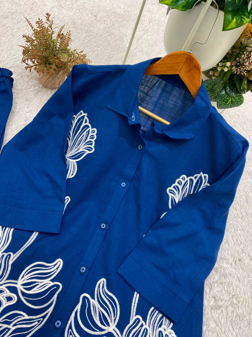 Royal Blue Cotton Denim Embroidered Co-ord Set, view 5