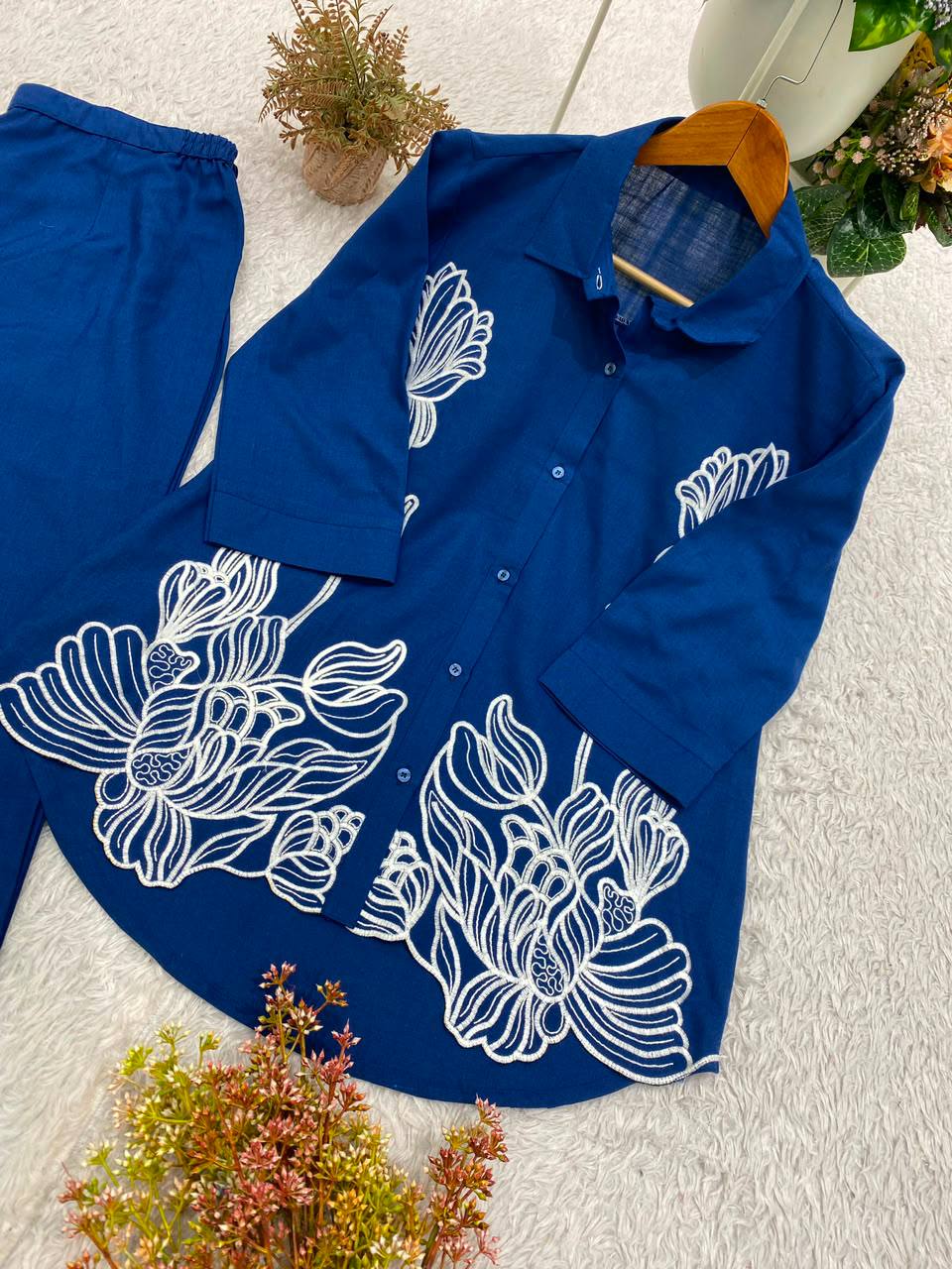 Royal Blue Cotton Denim Embroidered Co-ord Set, view 6