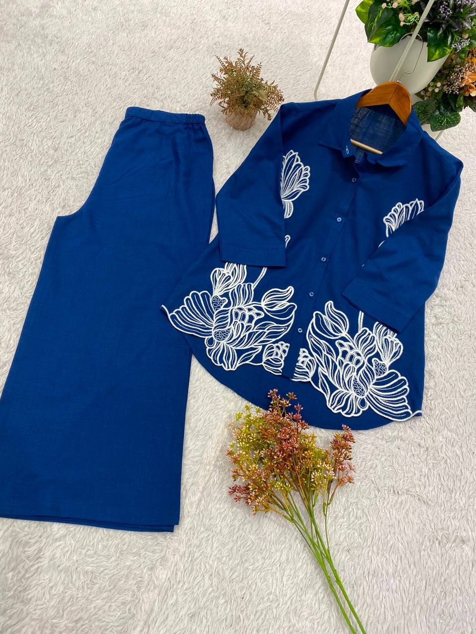 Royal Blue Cotton Denim Embroidered Co-ord Set, view 7
