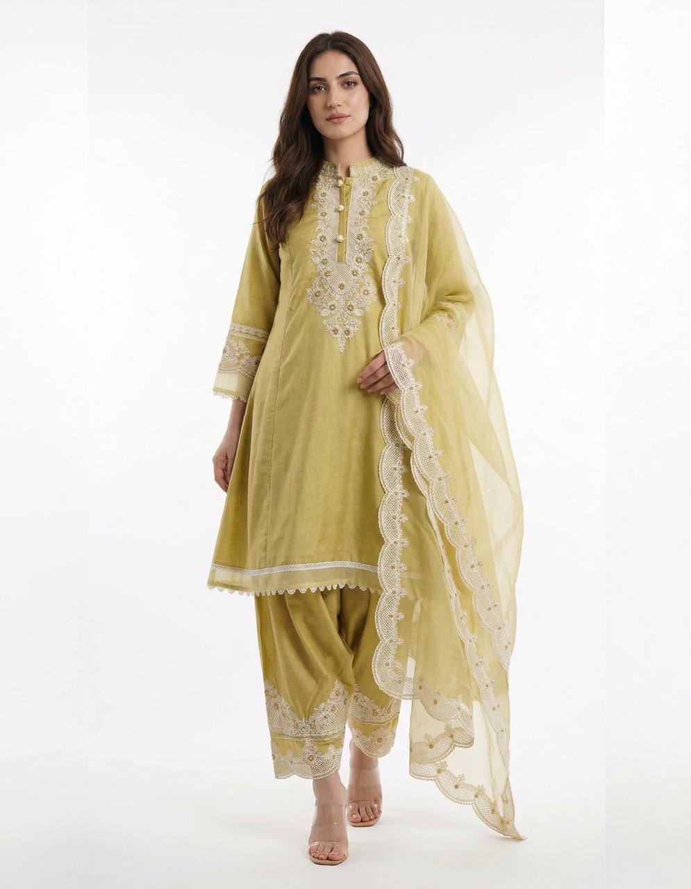 Butter Yellow Roman Silk Embroidered Kurta Salwar Set