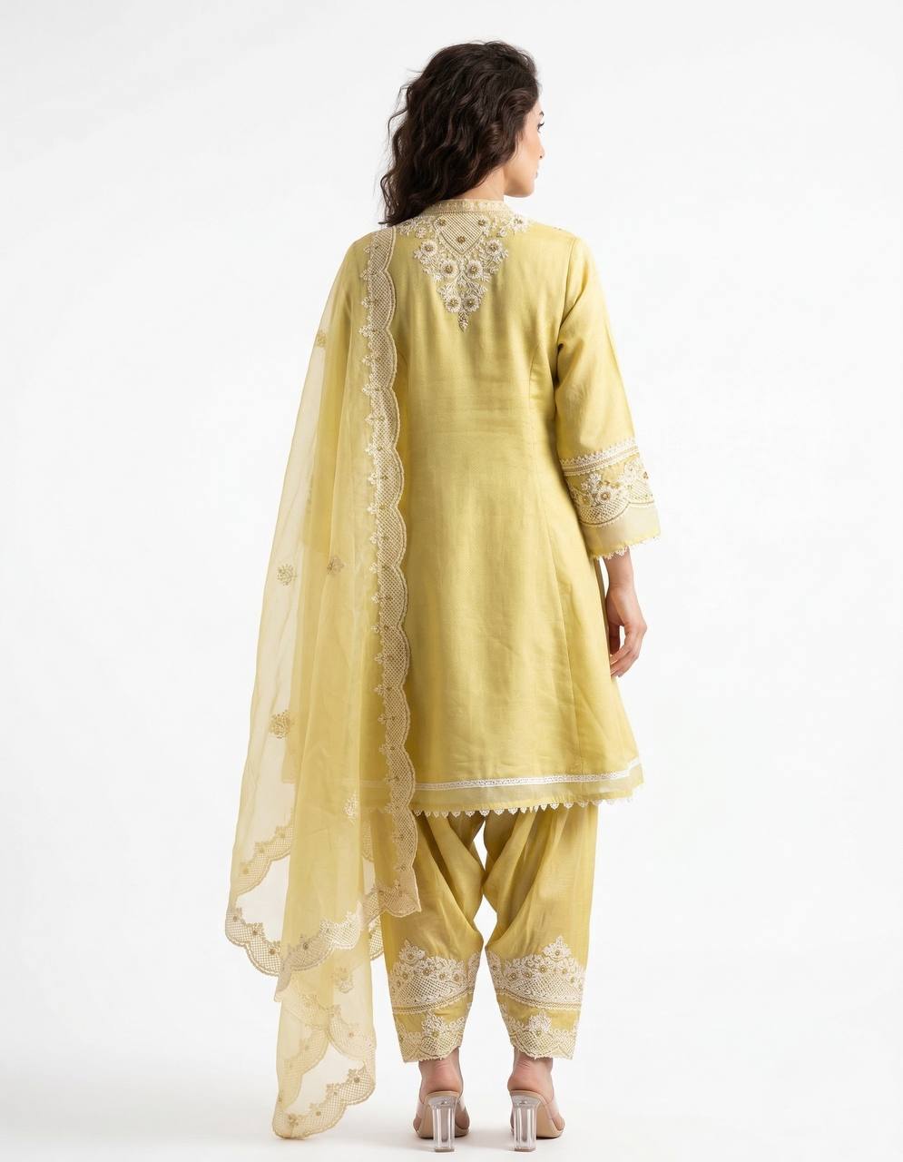 Butter Yellow Roman Silk Embroidered Kurta Salwar Set, view 4