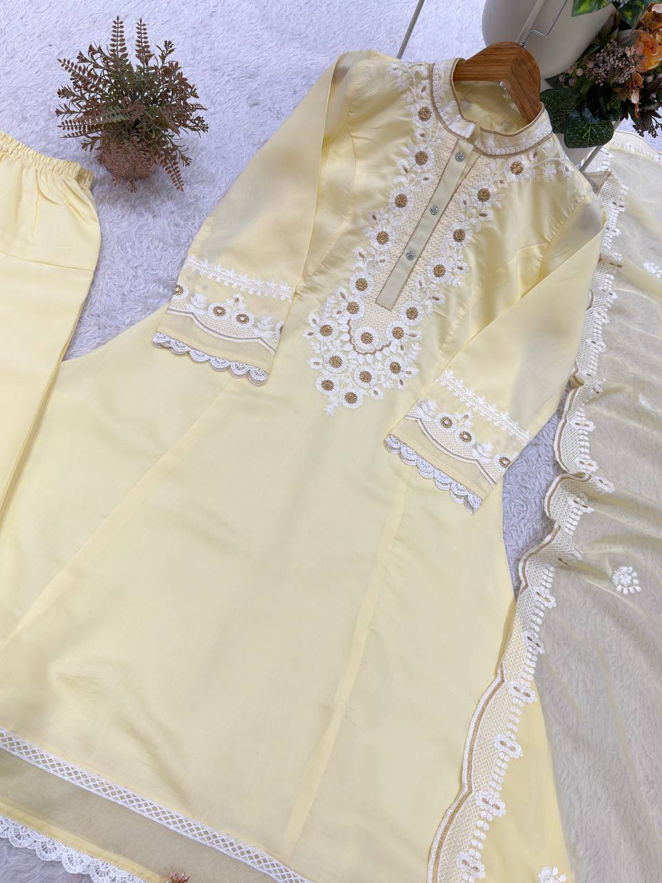 Butter Yellow Roman Silk Embroidered Kurta Salwar Set, view 8