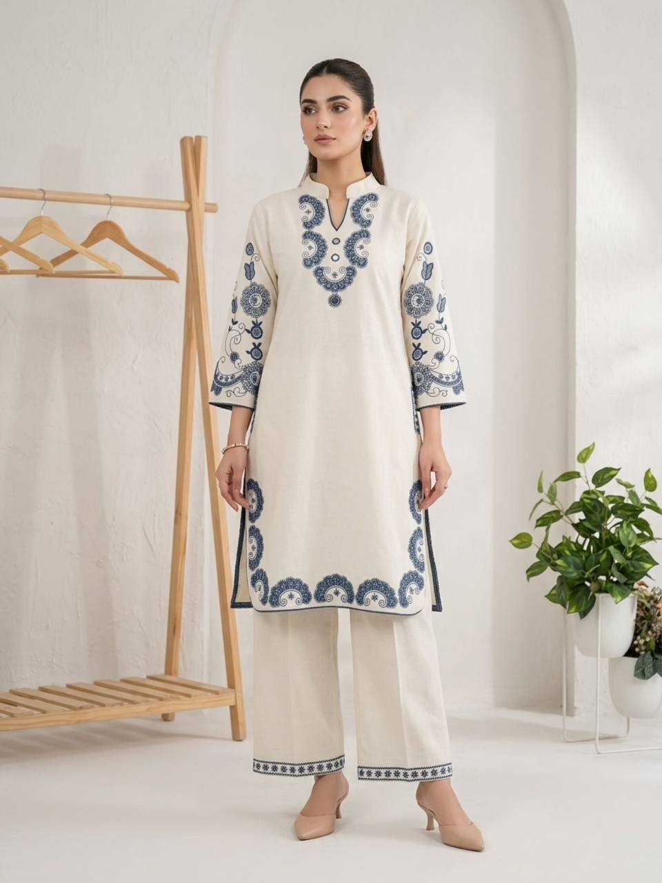 Off-White and Blue Cora Cotton Mirror Work Co-ord Set, view 2