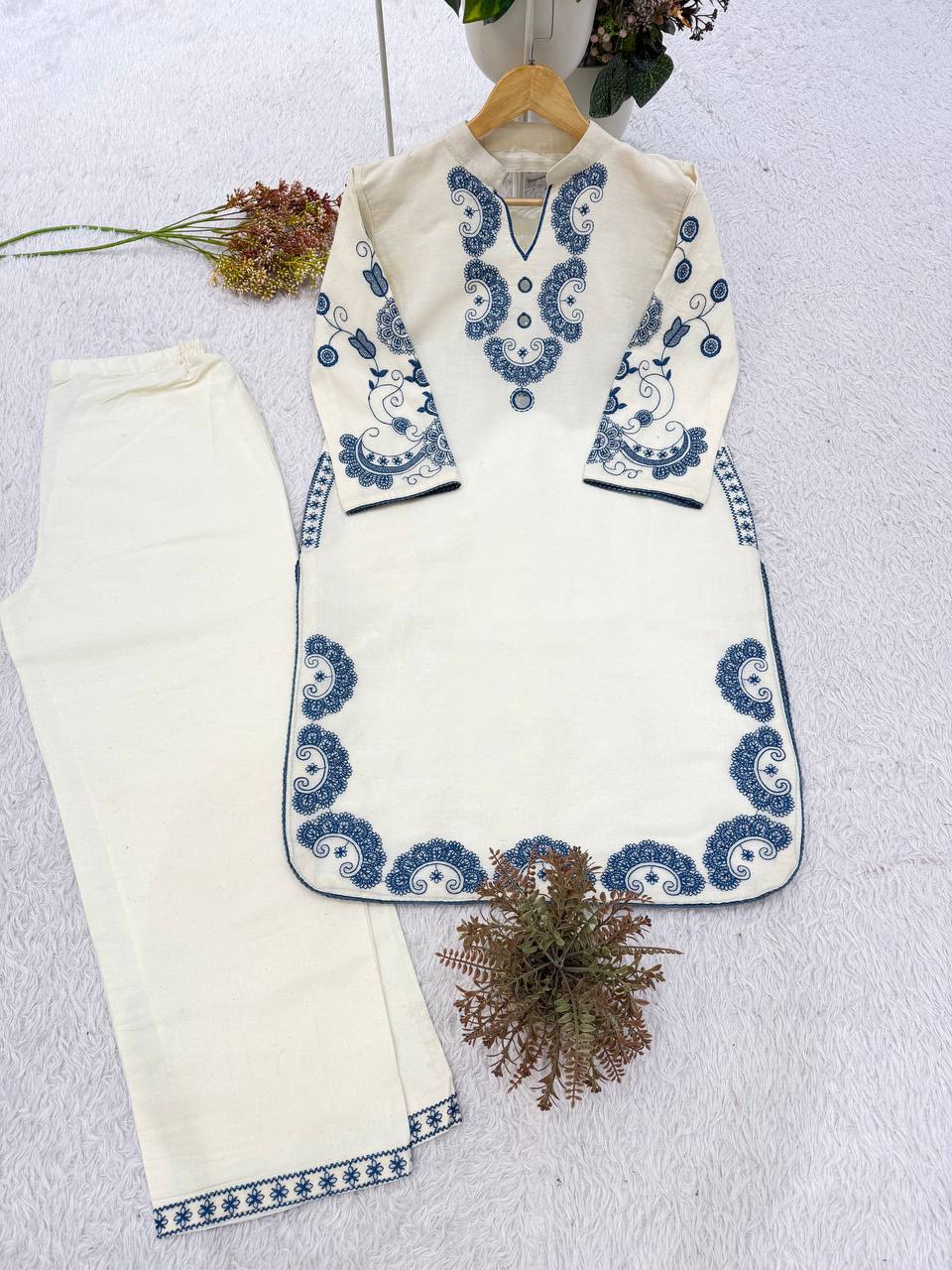 Off-White and Blue Cora Cotton Mirror Work Co-ord Set, view 3
