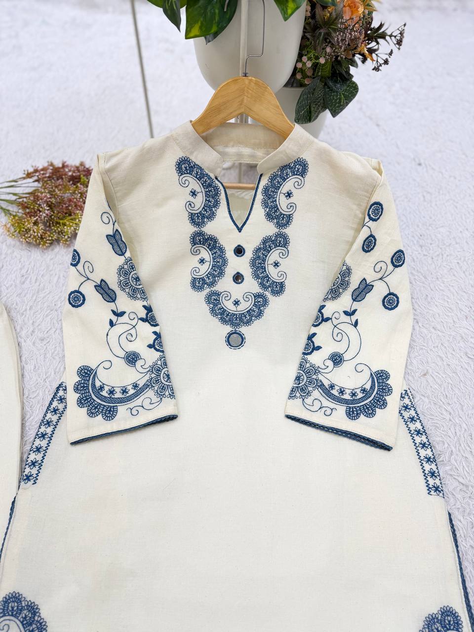 Off-White and Blue Cora Cotton Mirror Work Co-ord Set, view 4