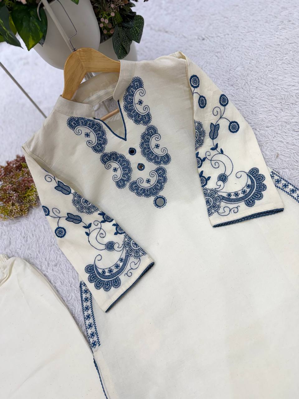 Off-White and Blue Cora Cotton Mirror Work Co-ord Set, view 5