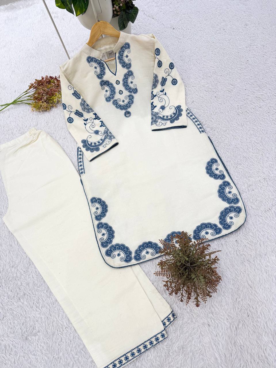 Off-White and Blue Cora Cotton Mirror Work Co-ord Set, view 6