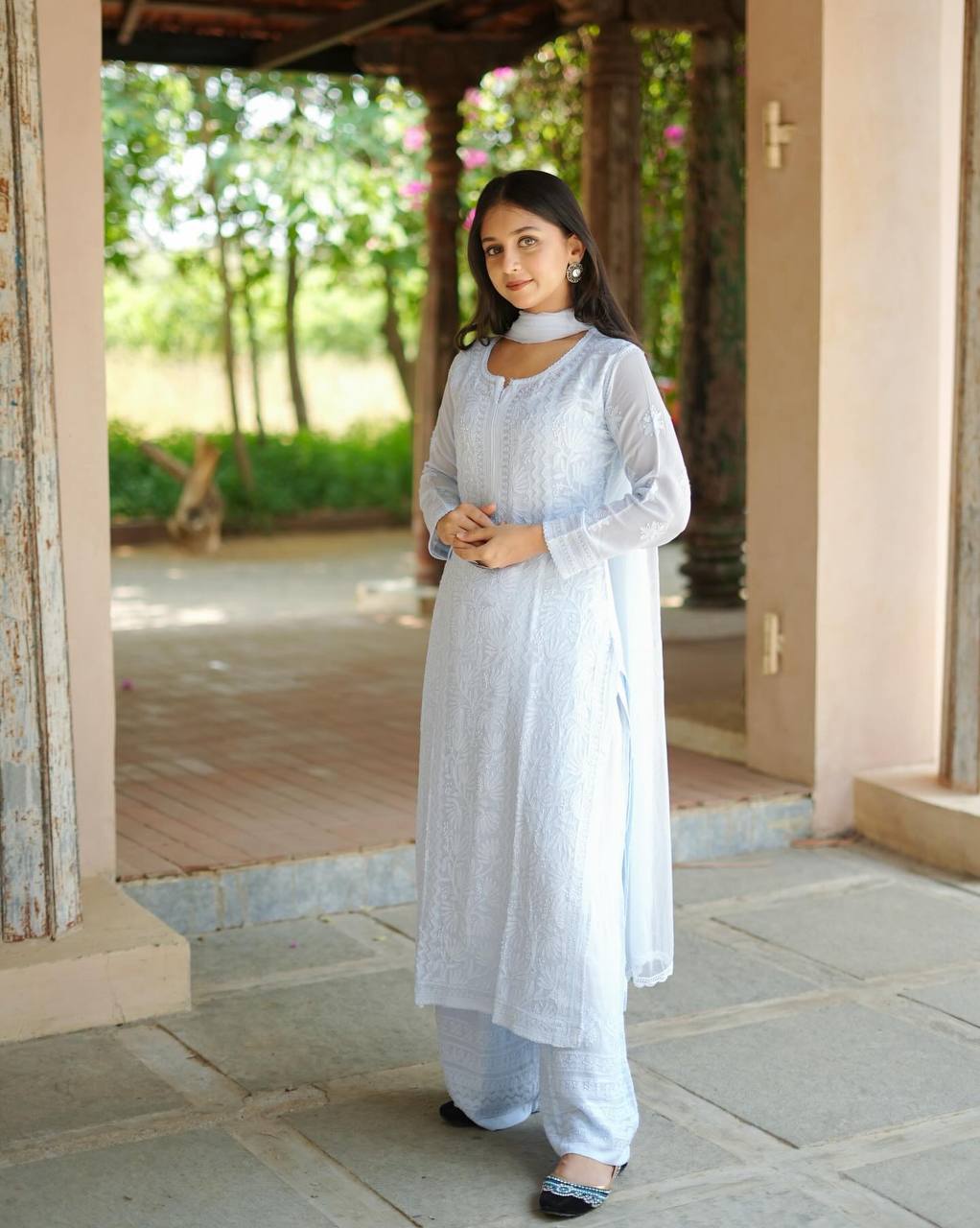 Powder Blue Georgette Chikankari Kurta Palazzo Set