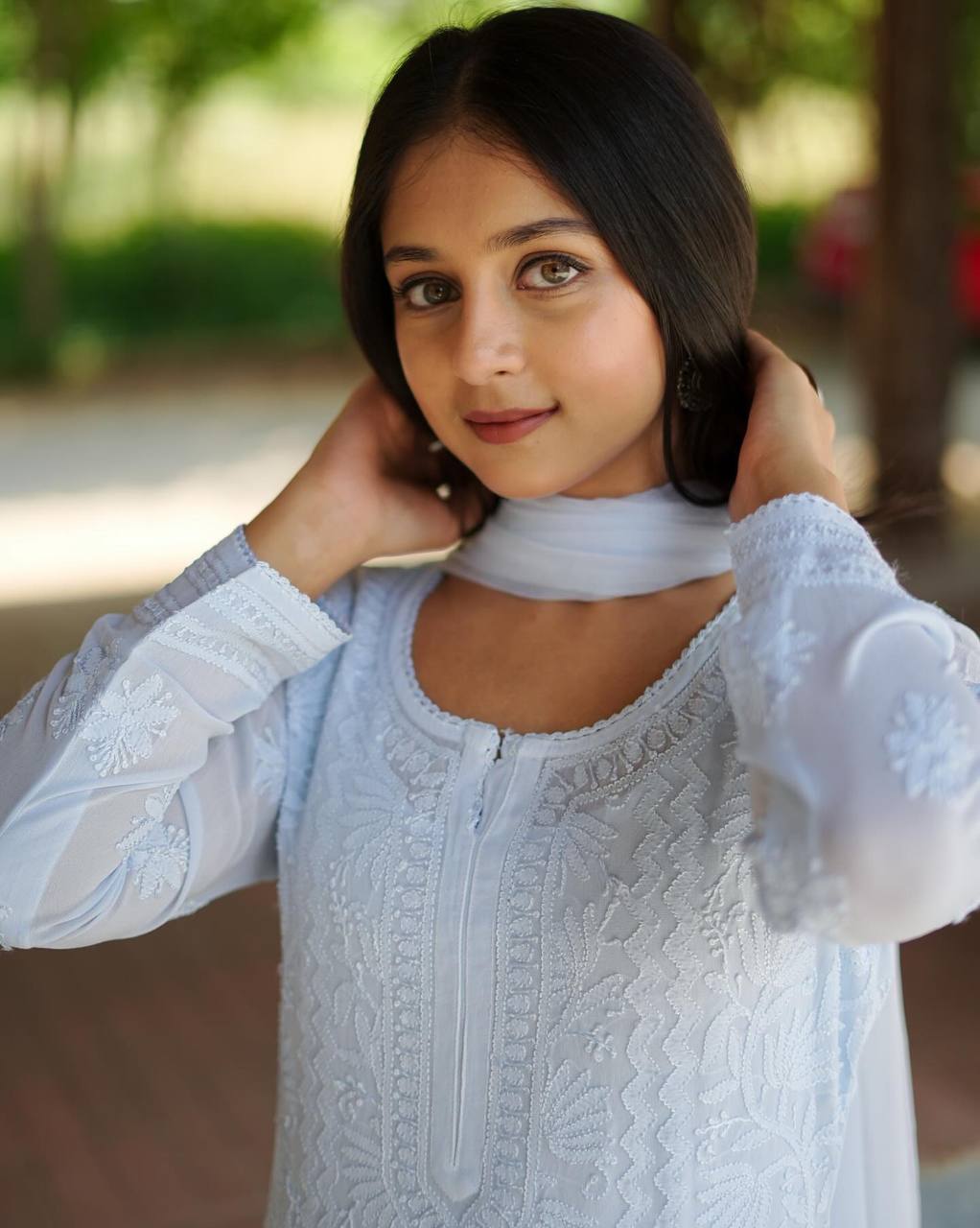 Powder Blue Georgette Chikankari Kurta Palazzo Set, view 2