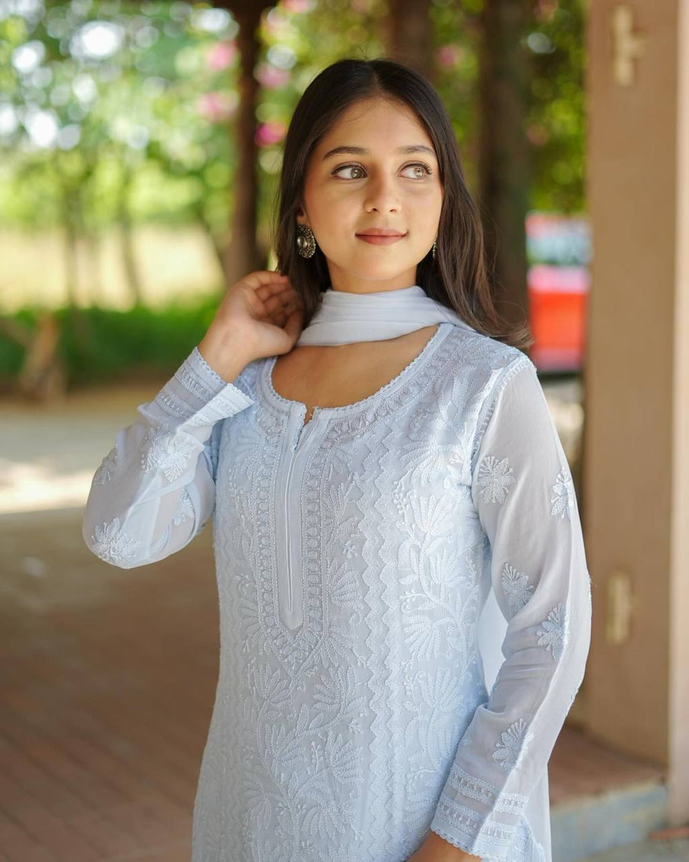 Powder Blue Georgette Chikankari Kurta Palazzo Set, view 3